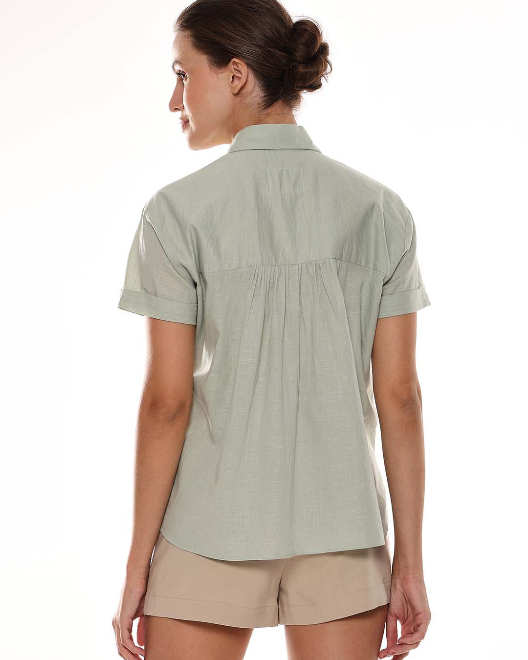 Ariana Sage Green Slubbed Cotton Loose Shirt for Women - Madrid Fit from GAZILLION - Back Look