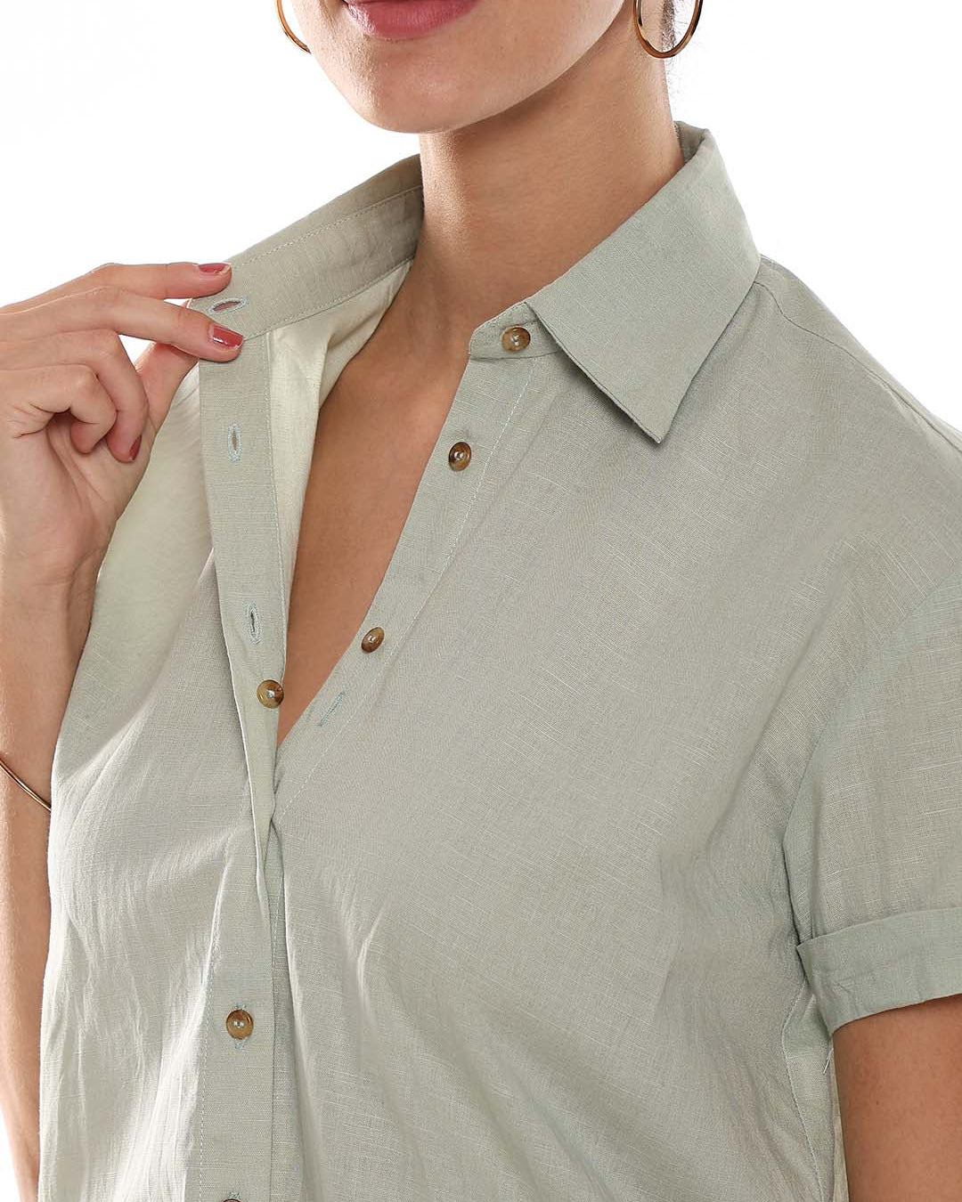 Ariana Sage Green Slubbed Cotton Loose Shirt for Women - Madrid Fit from GAZILLION - Dignity Buttons Detail