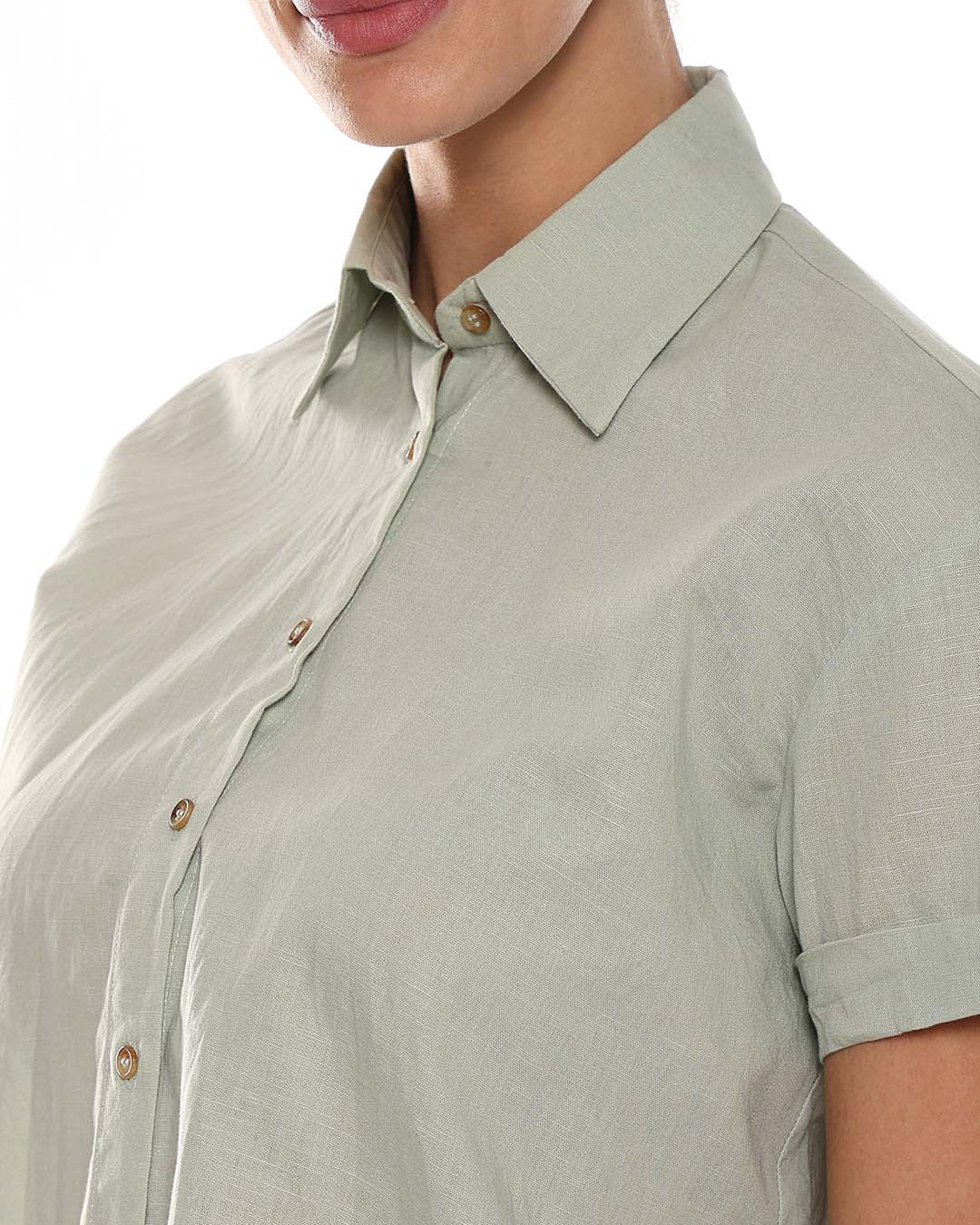 Ariana Sage Green Slubbed Cotton Loose Shirt for Women - Madrid Fit from GAZILLION - Front Detail