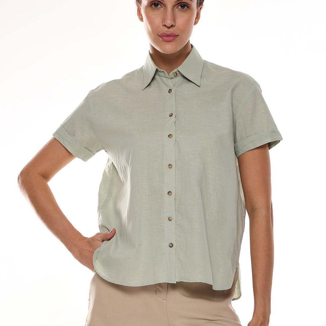 Ariana Sage Green Slubbed Cotton Loose Shirt for Women - Madrid Fit from GAZILLION - Front Look
