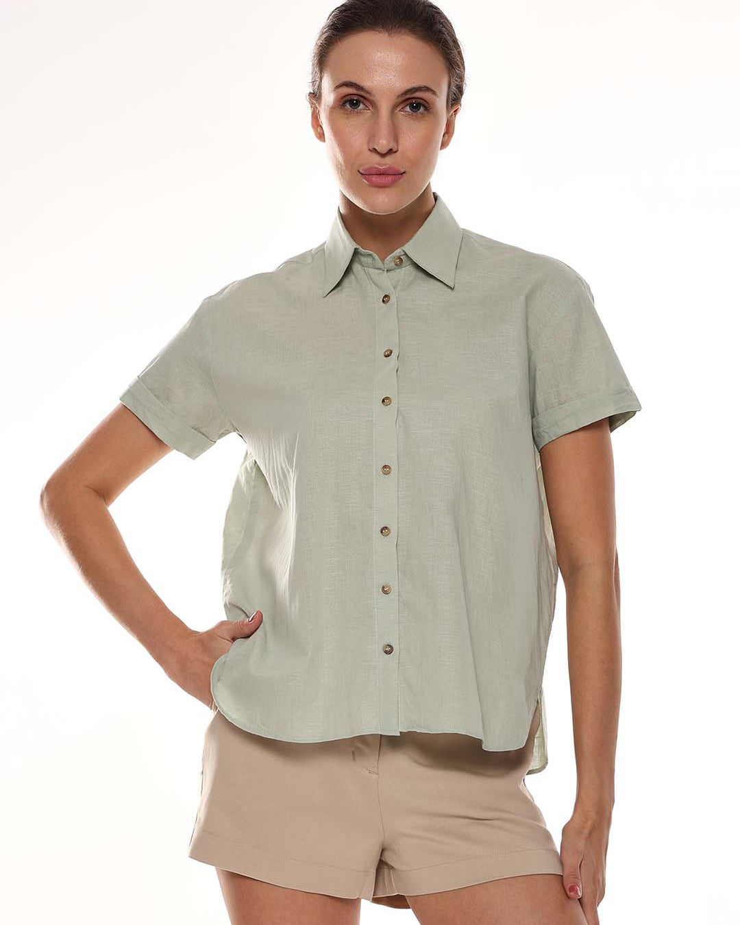 Ariana Sage Green Slubbed Cotton Loose Shirt for Women - Madrid Fit from GAZILLION - Front Look