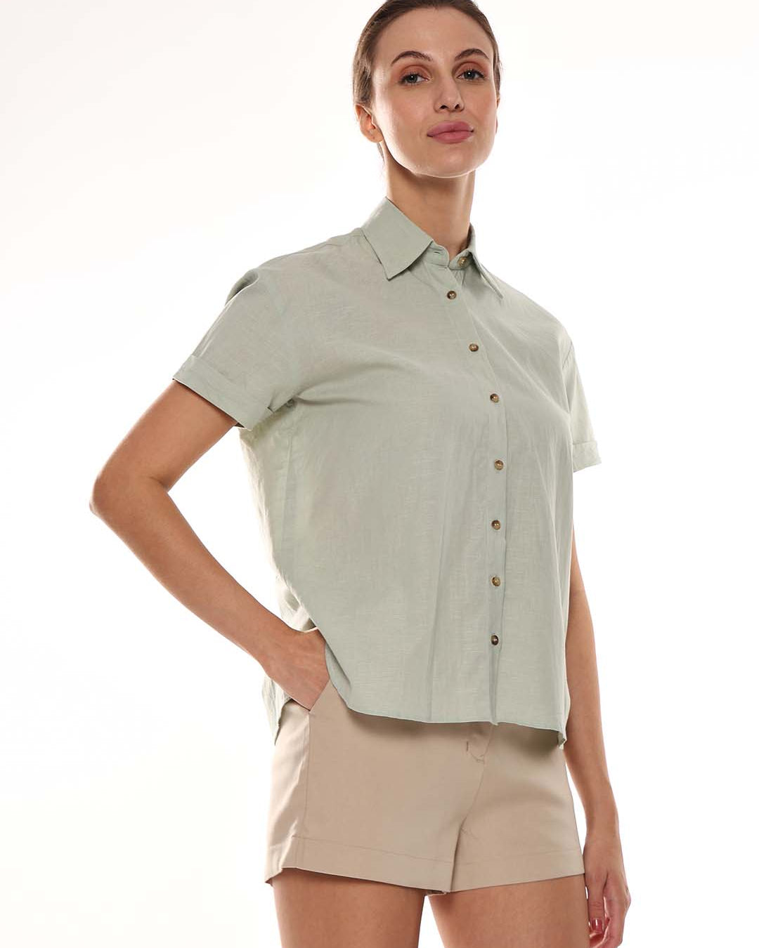 Ariana Sage Green Slubbed Cotton Loose Shirt for Women - Madrid Fit from GAZILLION - Right Side Look