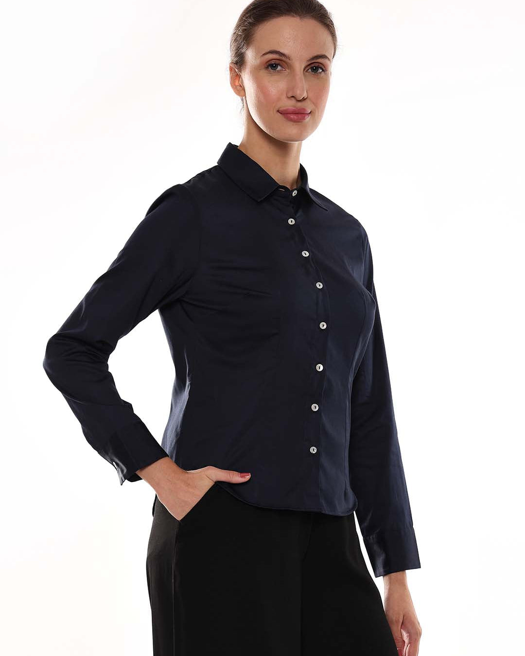 Armani Navy Blue Cotton Formal Shirt for Women - Munich Fit from GAZILLION - Right Side Look