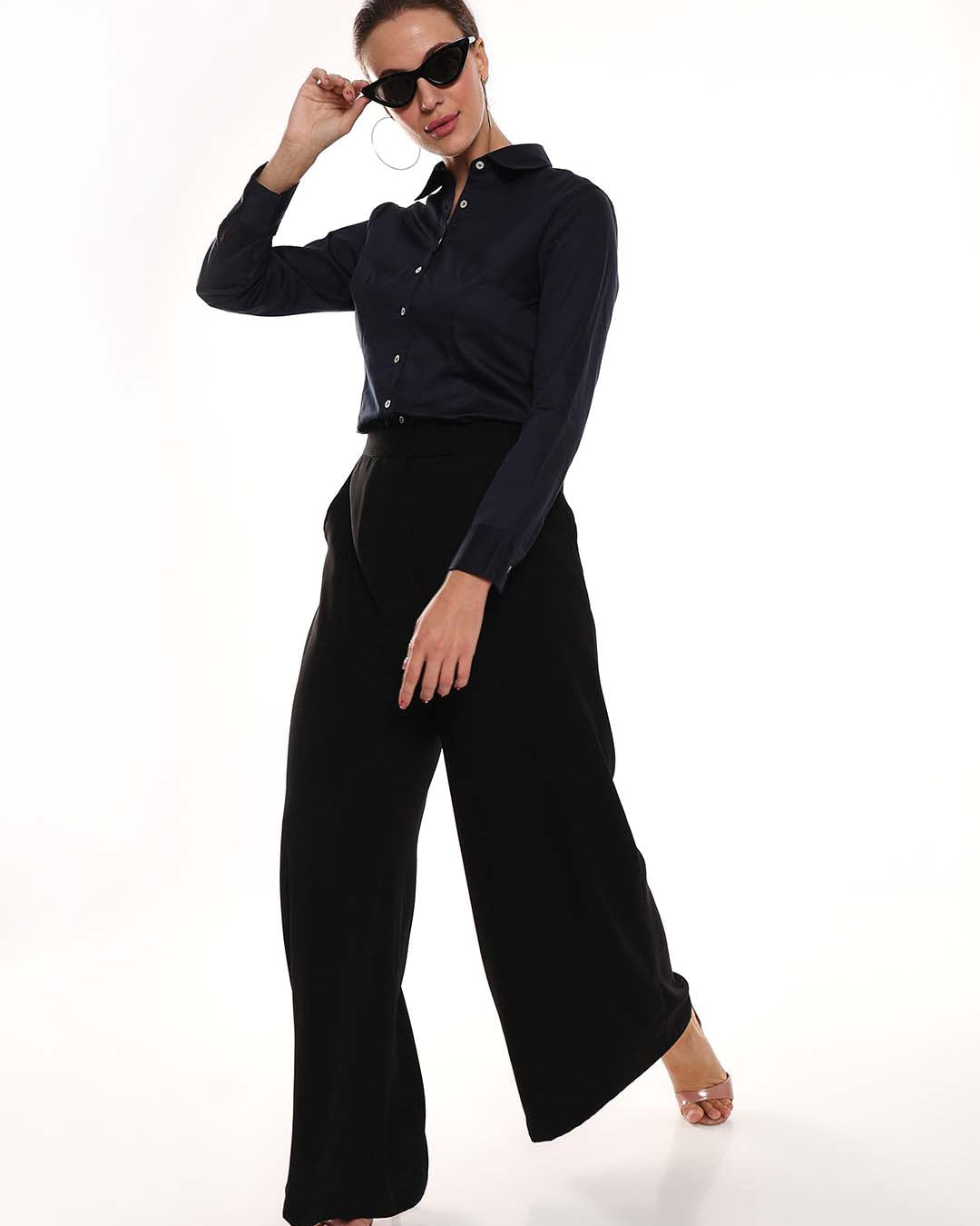 Armani Navy Blue Cotton Formal Shirt for Women - Munich Fit from GAZILLION - Standing Stylised Look With Accessories