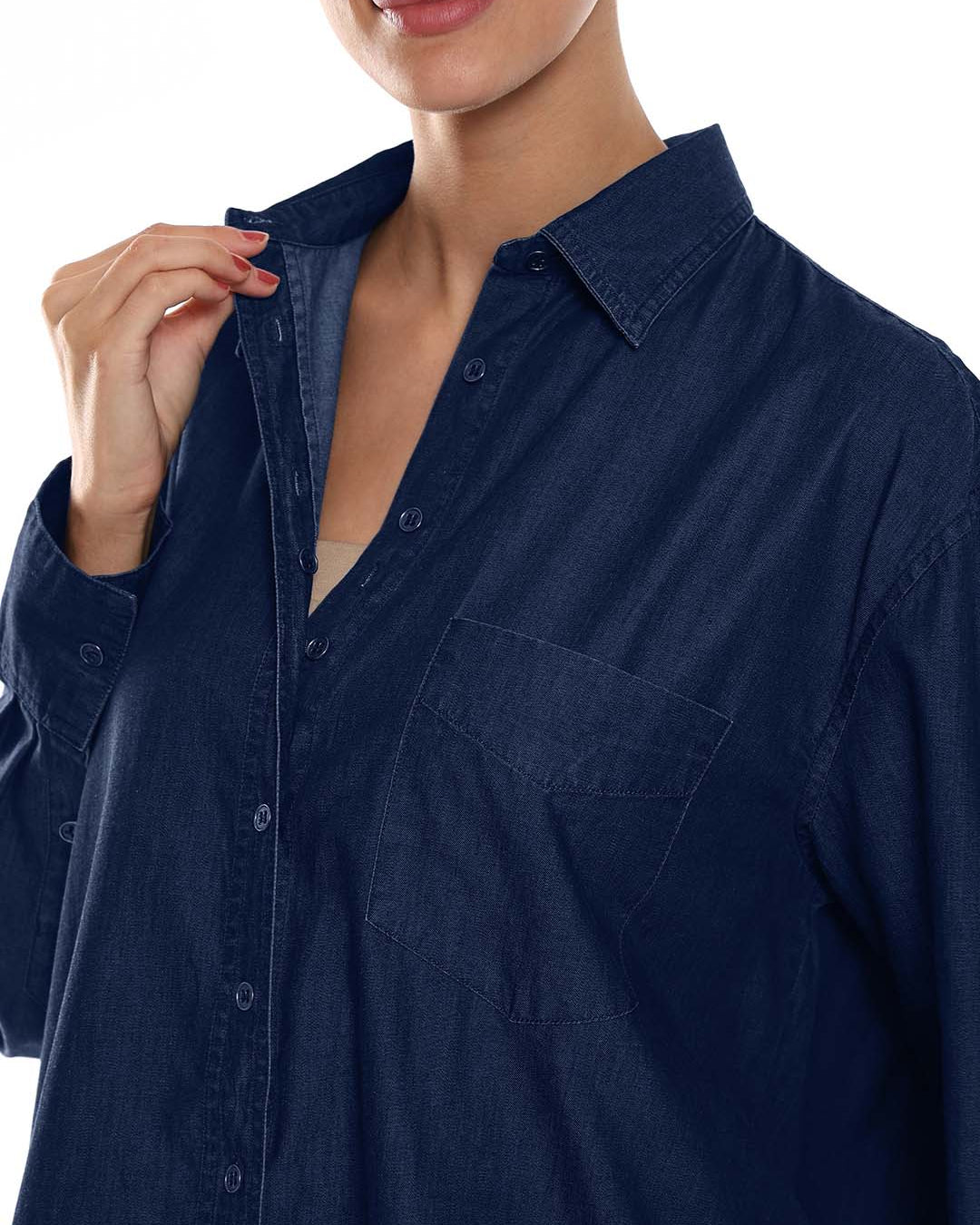 Athena Blue Denim Oversized Shirt for Woman - Brussels Fit from GAZILLION - Dignity Buttons Detail