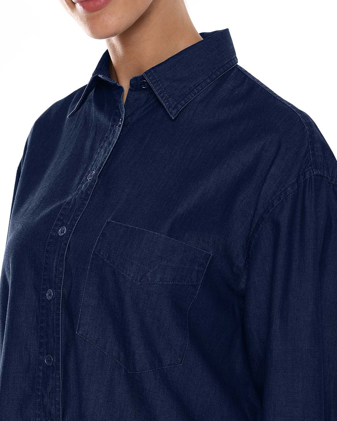 Athena Blue Denim Oversized Shirt for Woman - Brussels Fit from GAZILLION - Left Side Detail
