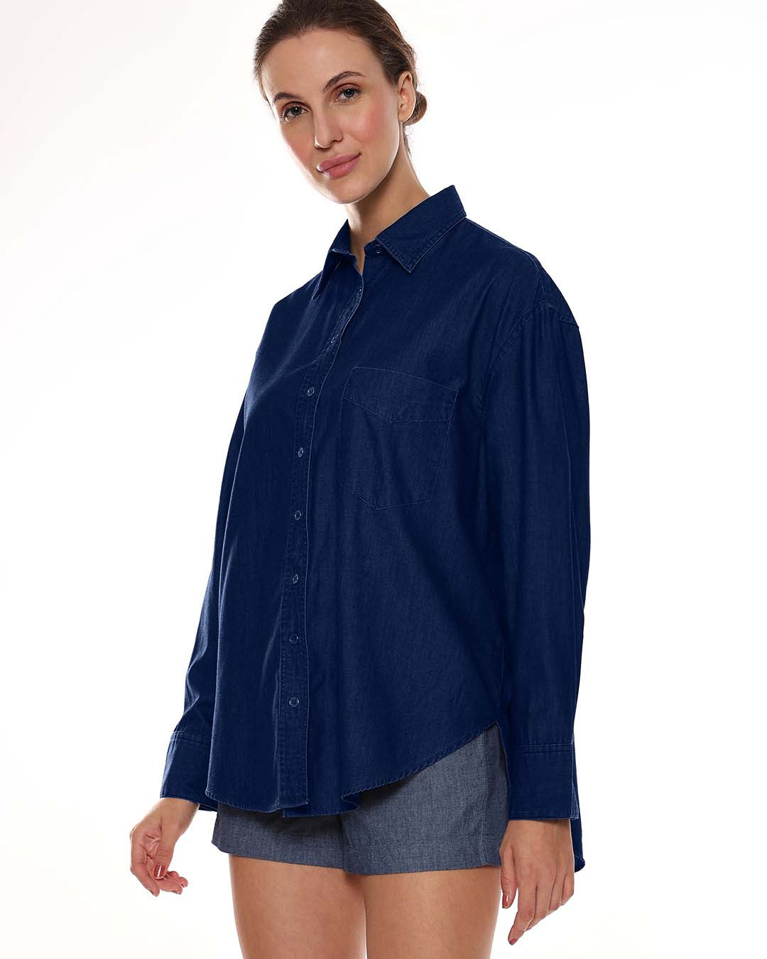 Athena Blue Denim Oversized Shirt for Woman - Brussels Fit from GAZILLION - Left Side Look
