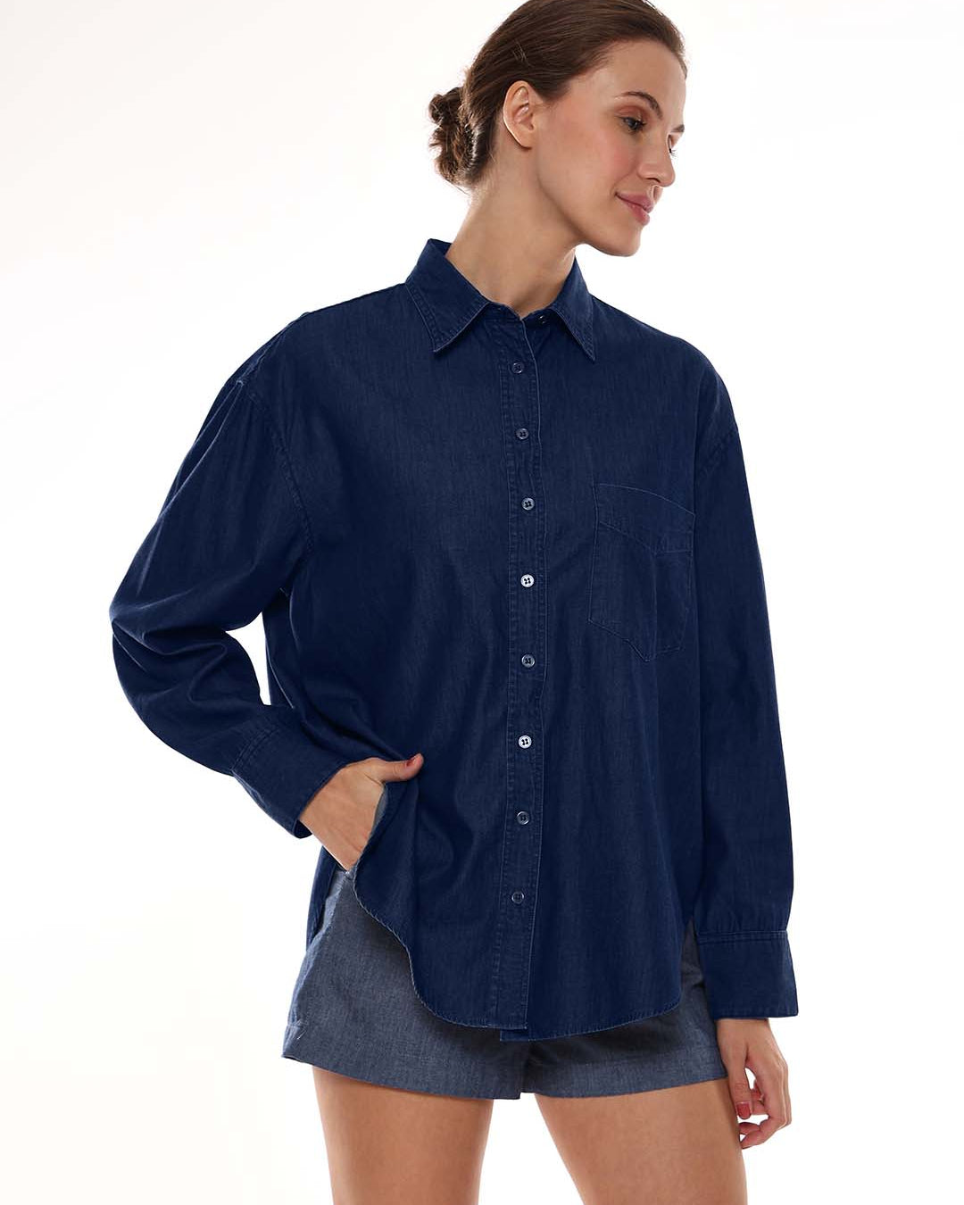 Athena Blue Denim Oversized Shirt for Woman - Brussels Fit from GAZILLION - Right Side Look