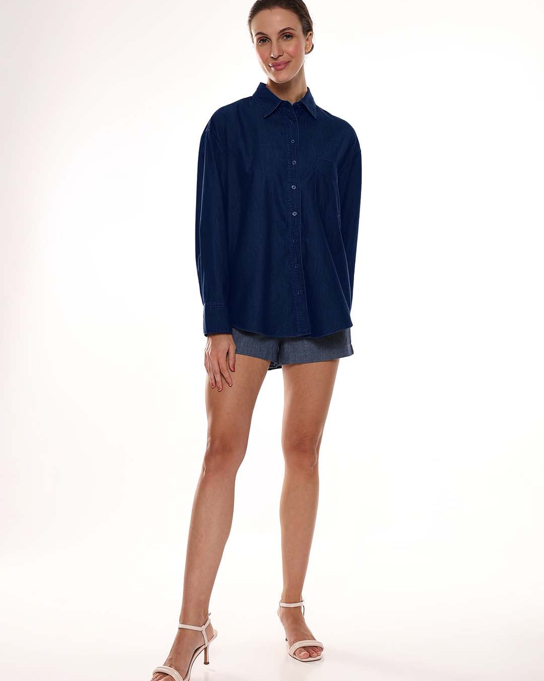 Athena Blue Denim Oversized Shirt for Woman - Brussels Fit from GAZILLION - Standing Stylised Look