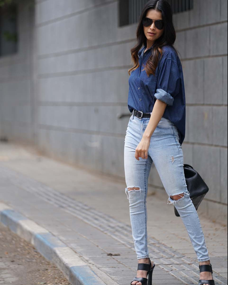Athena Blue Denim Oversized Shirt for Woman from GAZILLION - Outdoor Posing Stylised Look