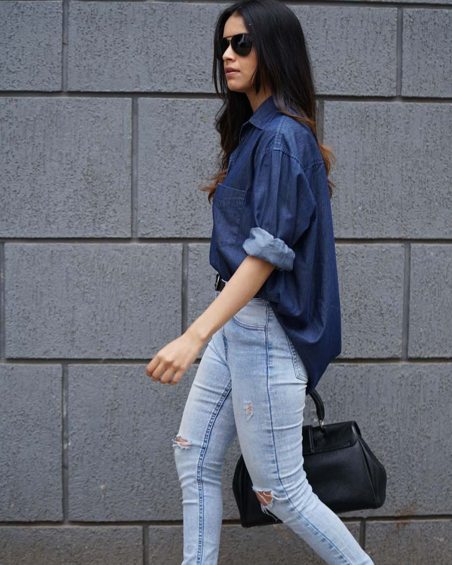 Athena Blue Denim Oversized Shirt for Woman from GAZILLION - Outdoor Stylised Look Side Shot