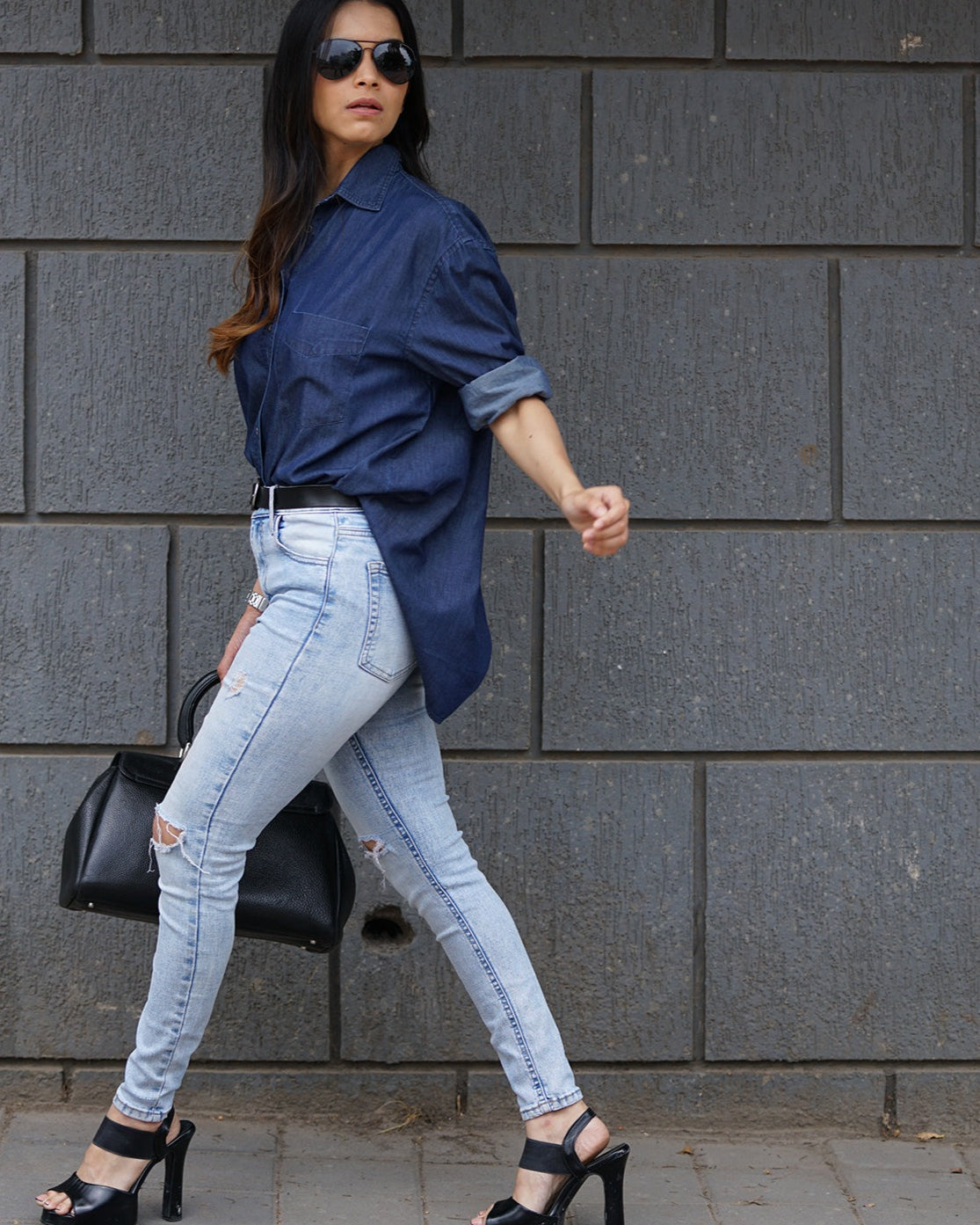 Athena Blue Denim Oversized Shirt for Woman from GAZILLION - Walking Stylised Look