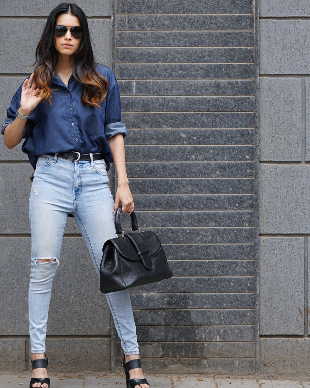 Athena Blue Denim Oversized Shirt for Woman from GAZILLION - Outdoor Stylised Look