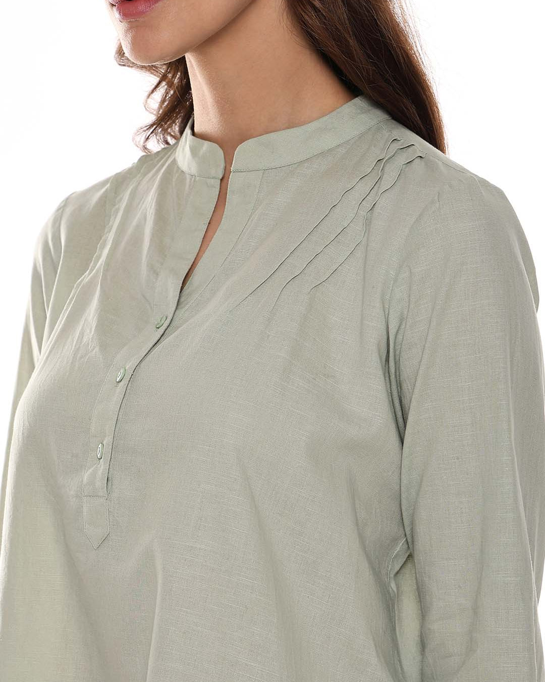 Audrey Sage Green Slubbed Cotton Tunic Shirt for Women - Istanbul Fit from GAZILLION - Front Detail