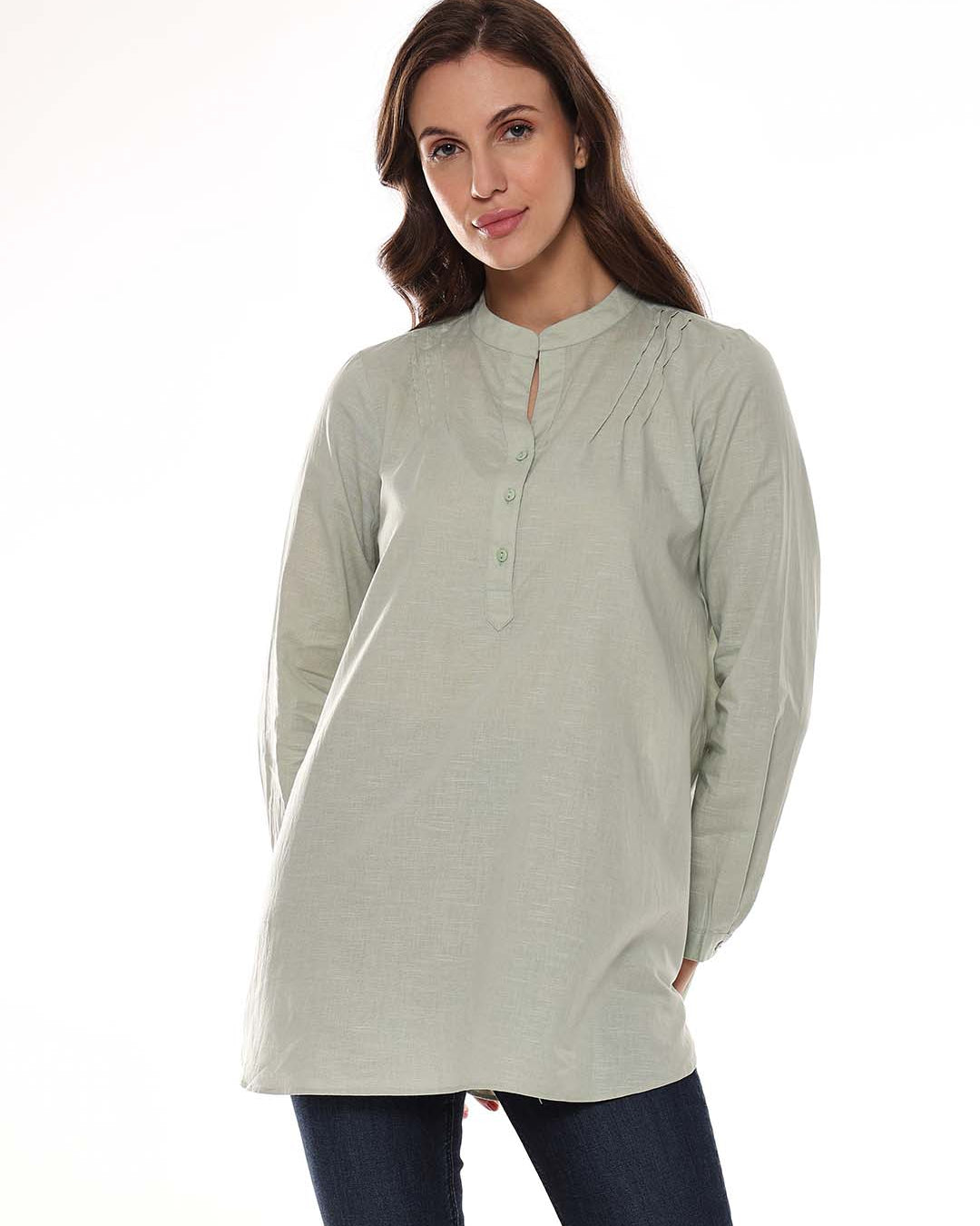 Audrey Sage Green Slubbed Cotton Tunic Shirt for Women - Istanbul Fit from GAZILLION - Front Look