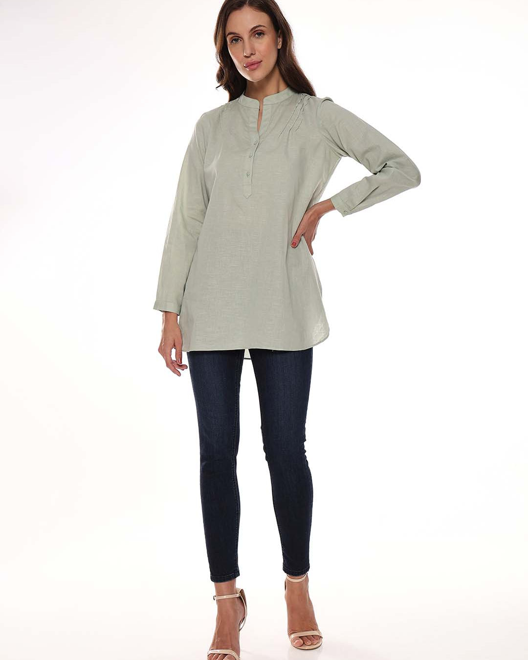 Audrey Sage Green Slubbed Cotton Tunic Shirt for Women - Istanbul Fit from GAZILLION - Full Standing Stylised Look