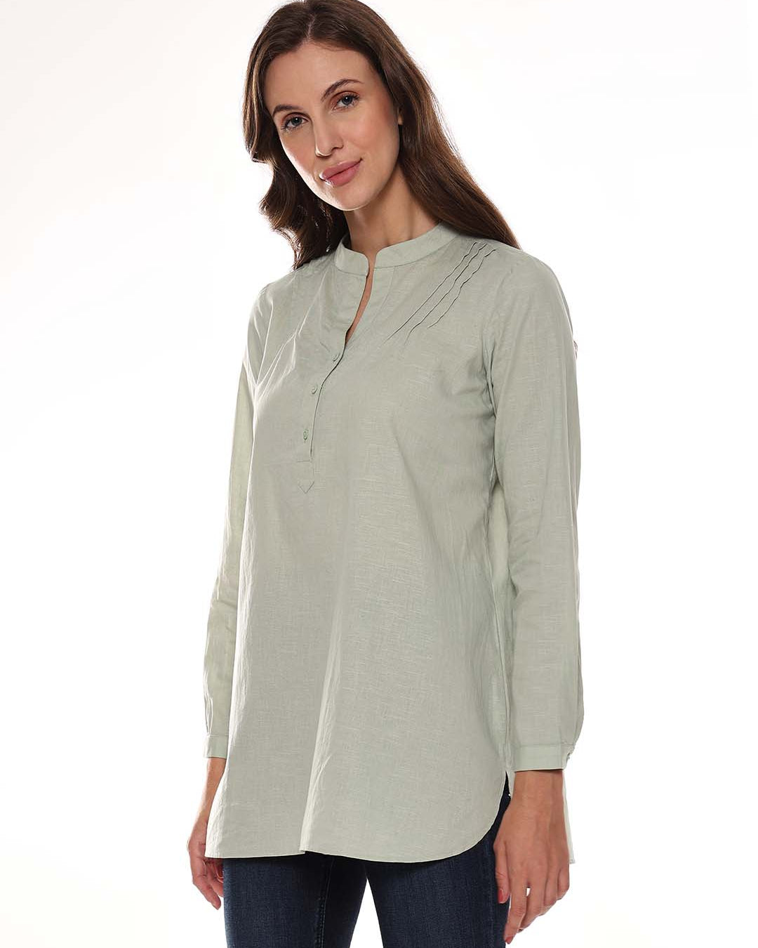 Audrey Sage Green Slubbed Cotton Tunic Shirt for Women - Istanbul Fit from GAZILLION - Left Side Look