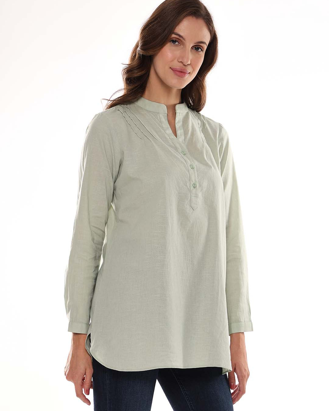Audrey Sage Green Slubbed Cotton Tunic Shirt for Women - Istanbul Fit from GAZILLION - Right Side Look