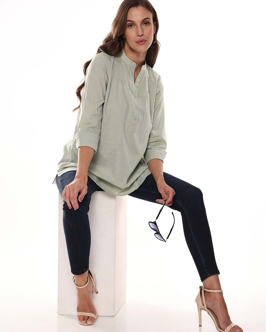 Audrey Sage Green Slubbed Cotton Tunic Shirt for Women - Istanbul Fit from GAZILLION - Seated Stylised Look