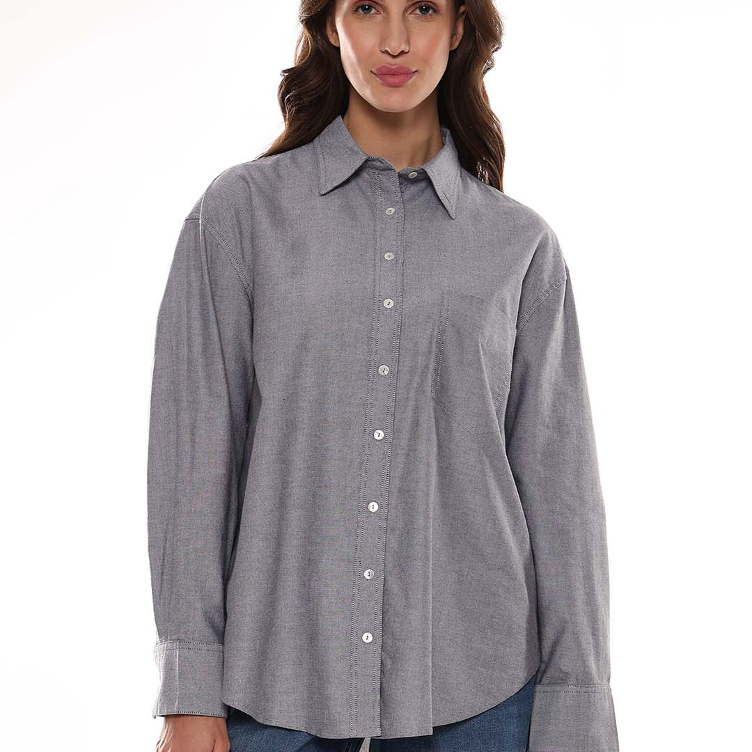 Avery Grey Oxford Cotton Oversized Shirt for Women - Brussels Fit from GAZILLION - Front Look