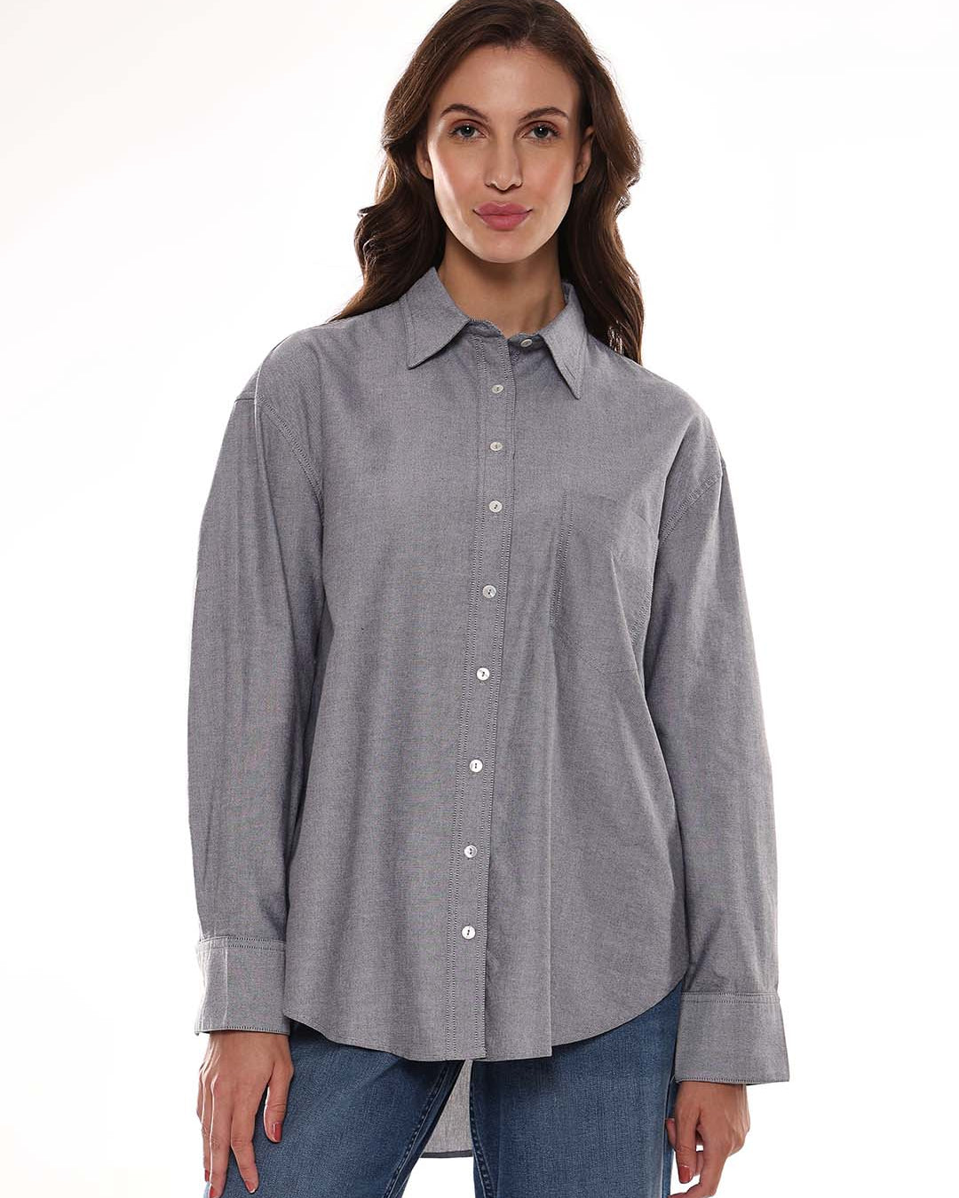 Avery Grey Oxford Cotton Oversized Shirt for Women - Brussels Fit from GAZILLION - Front Look