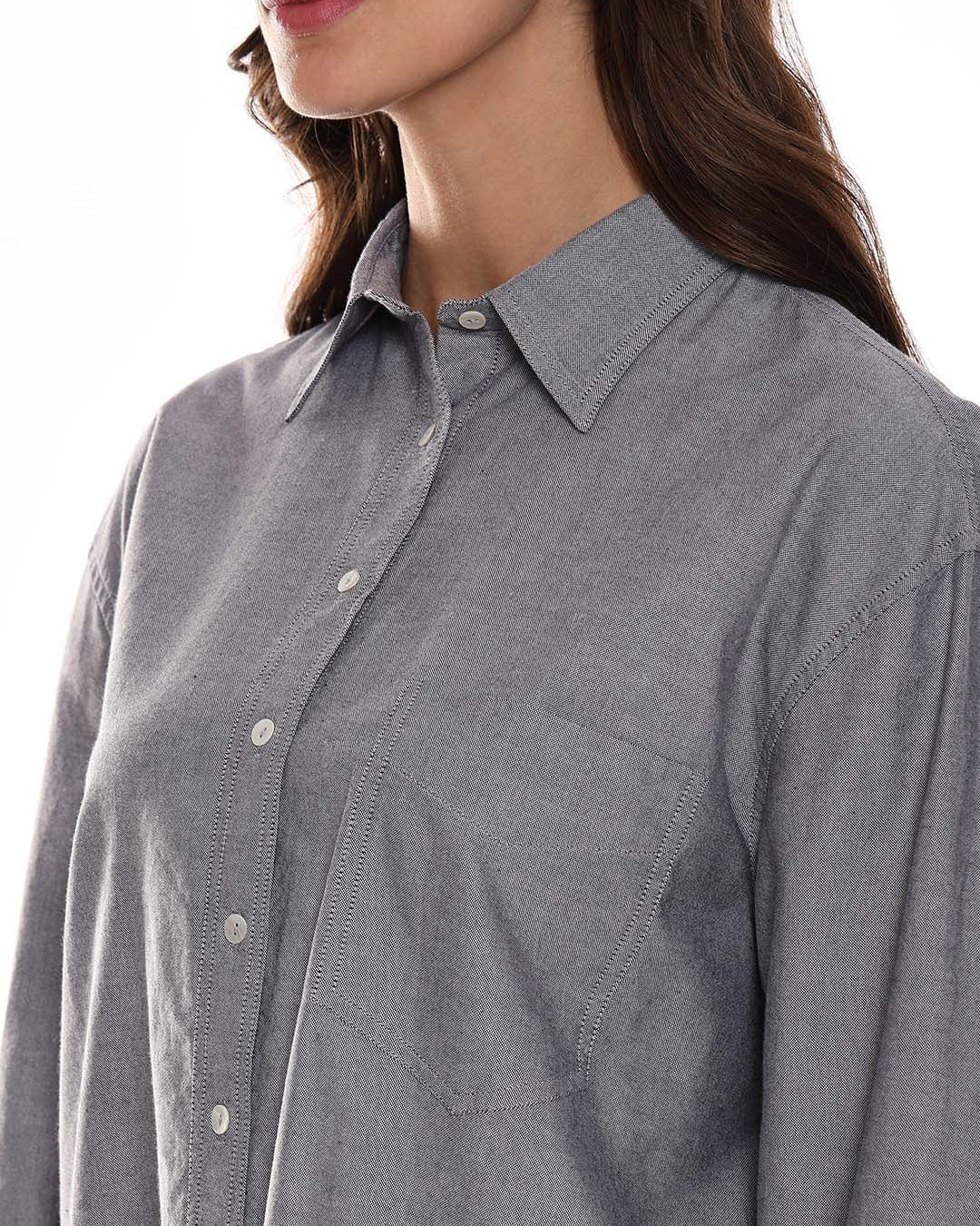 Avery Grey Oxford Cotton Oversized Shirt for Women - Brussels Fit from GAZILLION - Left Side Detail