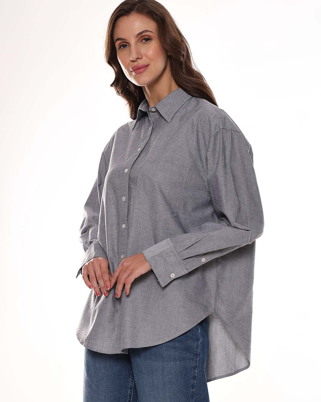 Avery Grey Oxford Cotton Oversized Shirt for Women - Brussels Fit from GAZILLION - Left Side Look