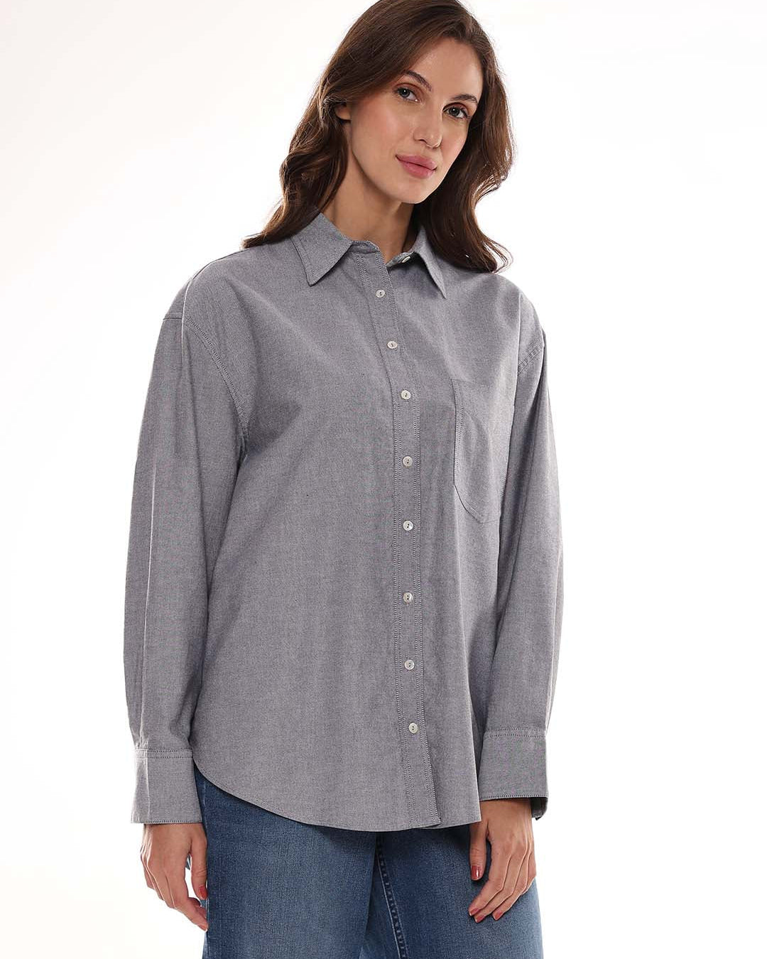 Avery Grey Oxford Cotton Oversized Shirt for Women - Brussels Fit from GAZILLION - Right Side Look