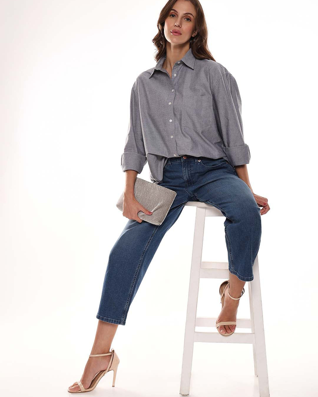 Avery Grey Oxford Cotton Oversized Shirt for Women - Brussels Fit from GAZILLION - Seated Stylised Look