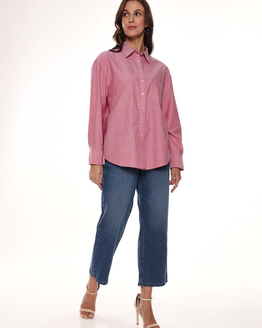 Avery Red Oxford Cotton Oversized Shirt for Women - Brussels Fit from GAZILLION - Full Standing Stylised Look