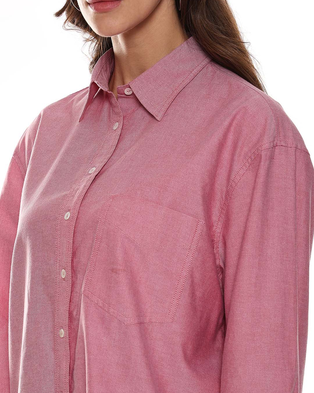 Avery Red Oxford Cotton Oversized Shirt for Women - Brussels Fit from GAZILLION - Left Side Detail