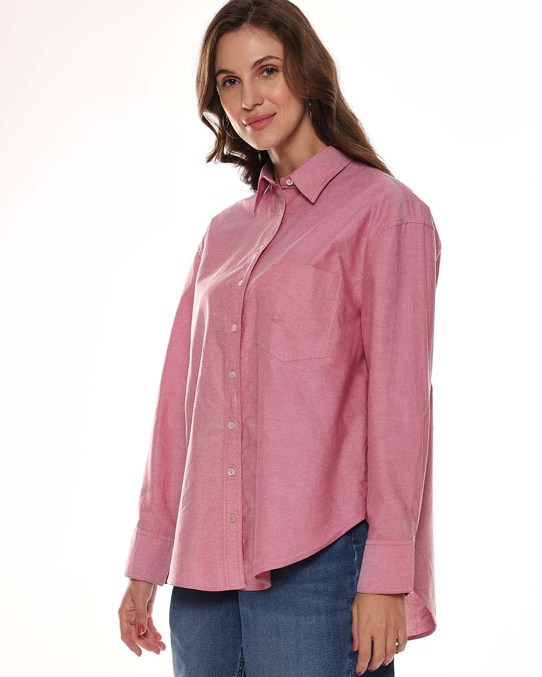 Avery Red Oxford Cotton Oversized Shirt for Women - Brussels Fit from GAZILLION - Left Side Look