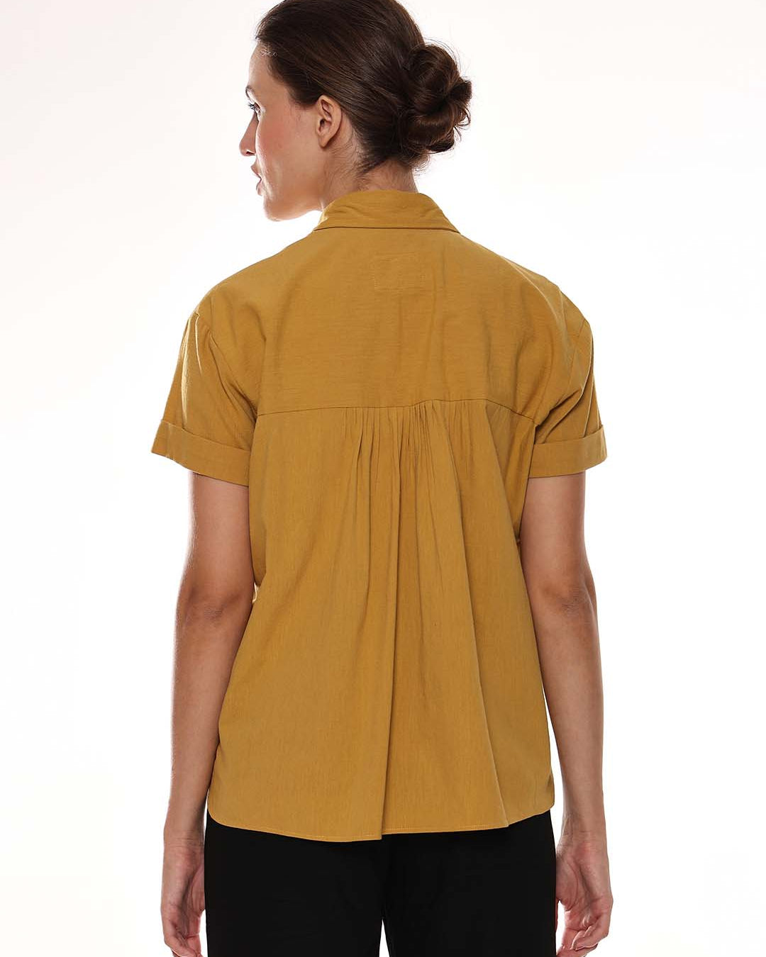 Avony Mustard Yellow Cotton-Viscose Loose Shirt for Women - Madrid Fit from GAZILLION - Back Look