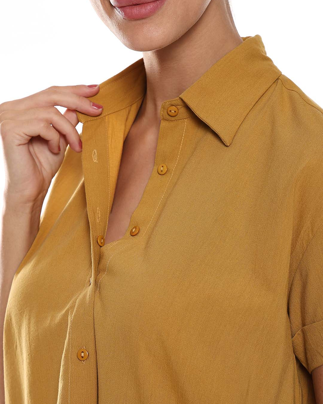 Avony Mustard Yellow Cotton-Viscose Loose Shirt for Women - Madrid Fit from GAZILLION - Dignity Buttons Detail