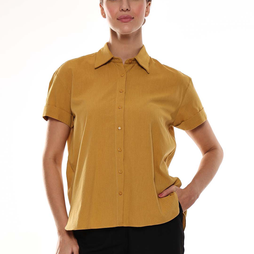 Avony Mustard Yellow Cotton-Viscose Loose Shirt for Women - Madrid Fit from GAZILLION - Front Look