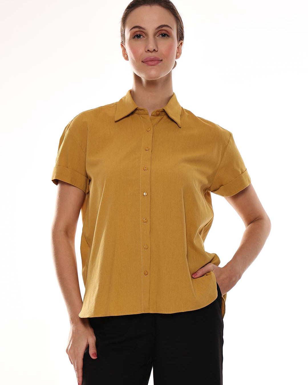 Avony Mustard Yellow Cotton-Viscose Loose Shirt for Women - Madrid Fit from GAZILLION - Front Look