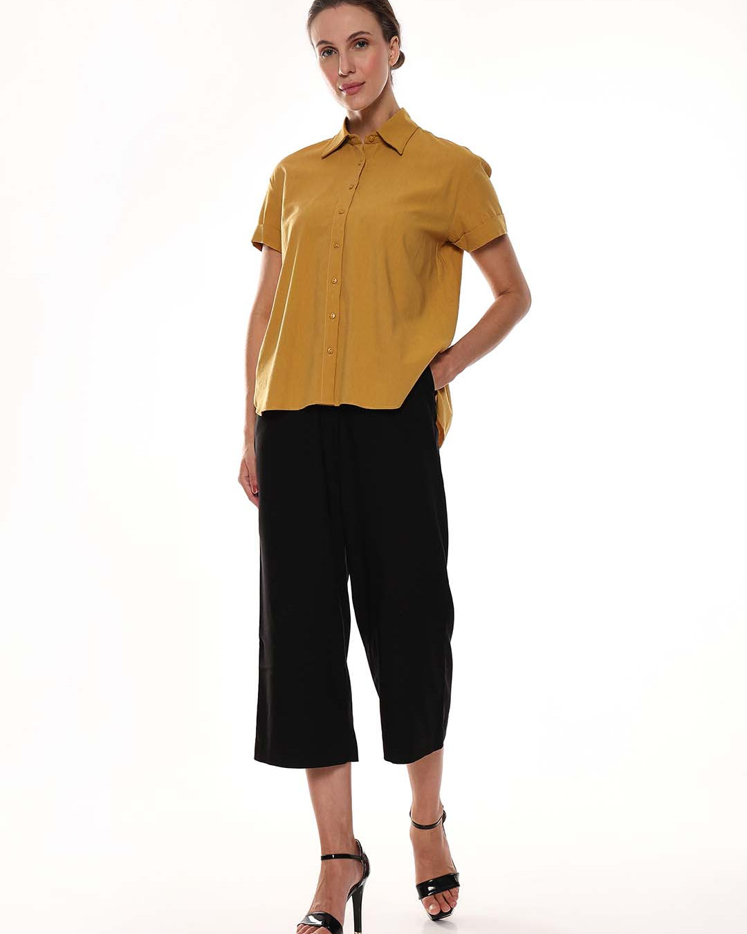 Avony Mustard Yellow Cotton-Viscose Loose Shirt for Women - Madrid Fit from GAZILLION - Full Standing Stylised Look