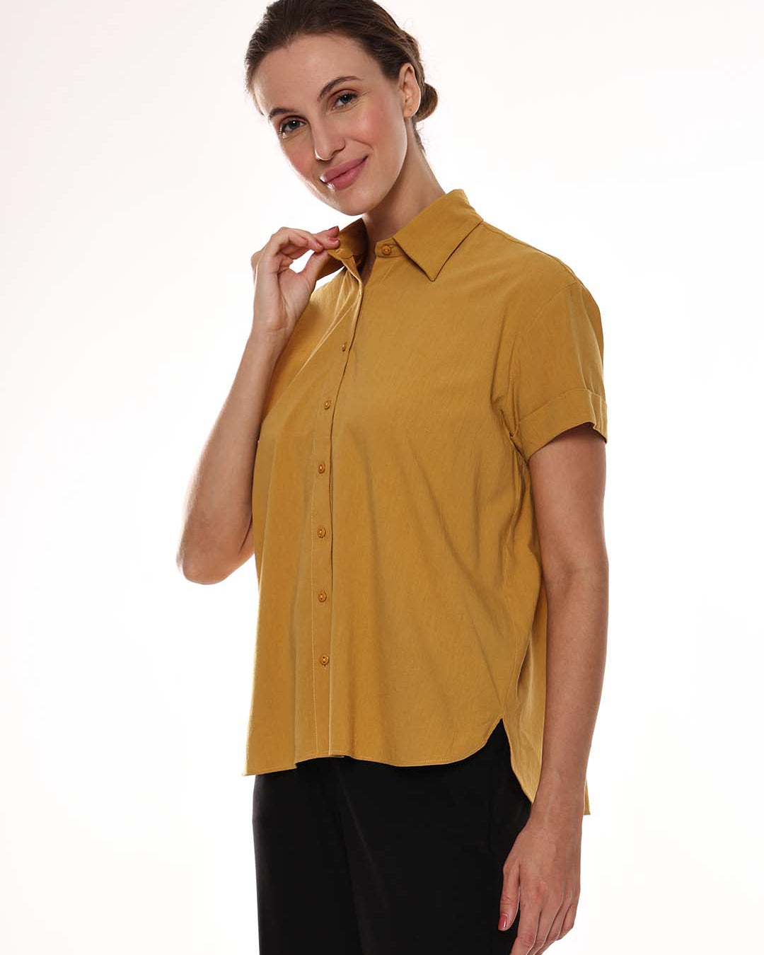 Avony Mustard Yellow Cotton-Viscose Loose Shirt for Women - Madrid Fit from GAZILLION - Left Side Look