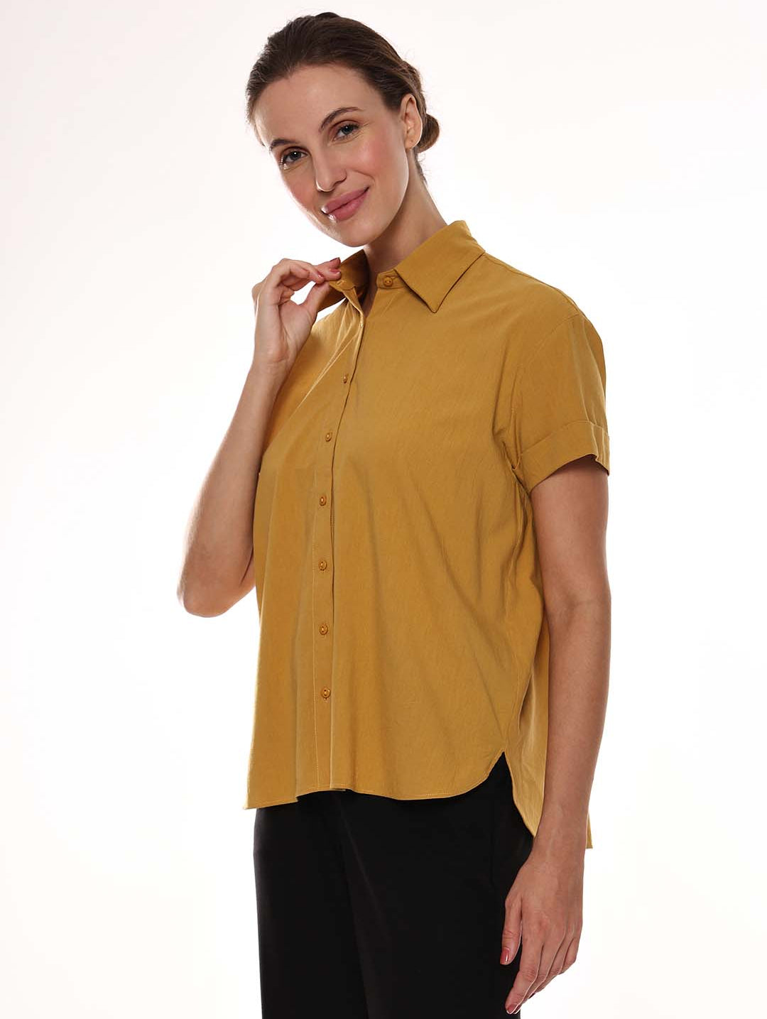 Avony Mustard Yellow Cotton-Viscose Loose Shirt for Women - Madrid Fit from GAZILLION - Left Side Look