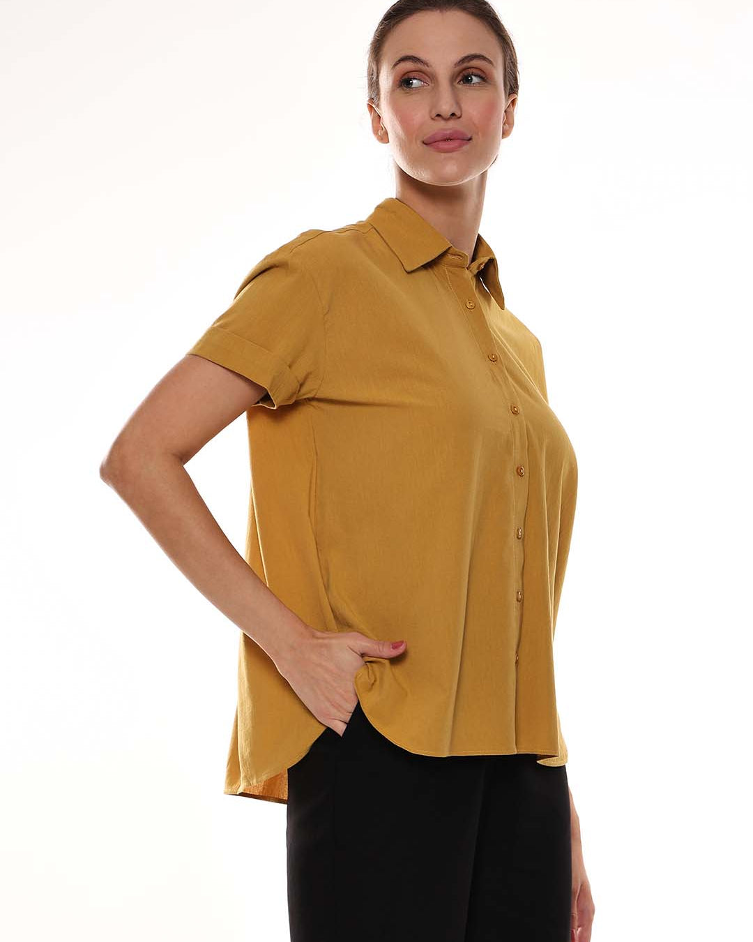 Avony Mustard Yellow Cotton-Viscose Loose Shirt for Women - Madrid Fit from GAZILLION - Right Side Look