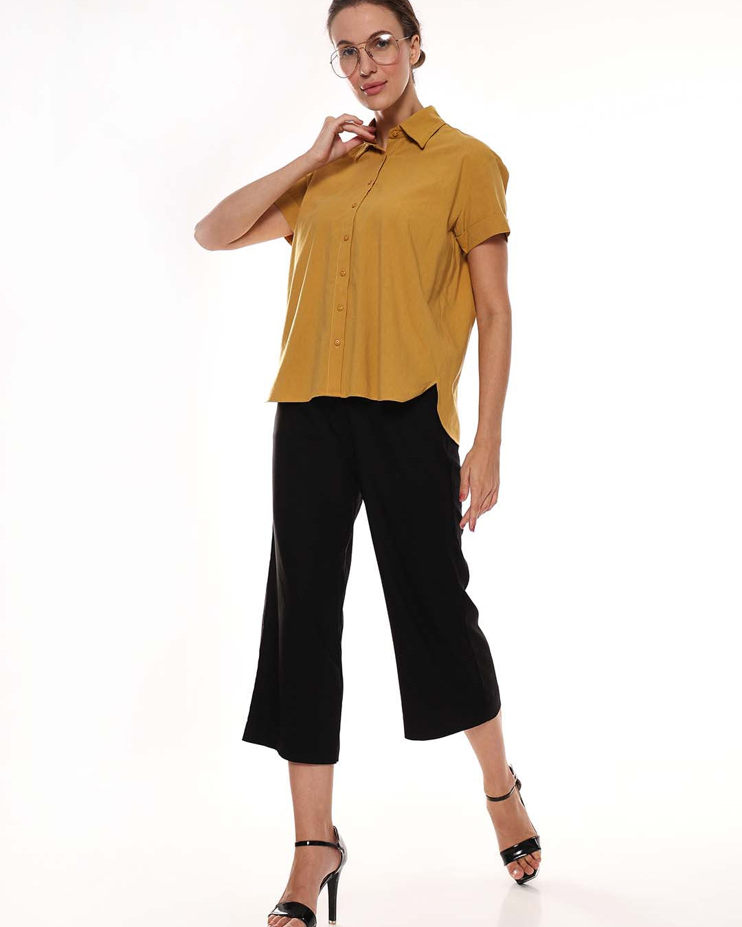 Avony Mustard Yellow Cotton-Viscose Loose Shirt for Women - Madrid Fit from GAZILLION - Standing Stylised Look With Accessories
