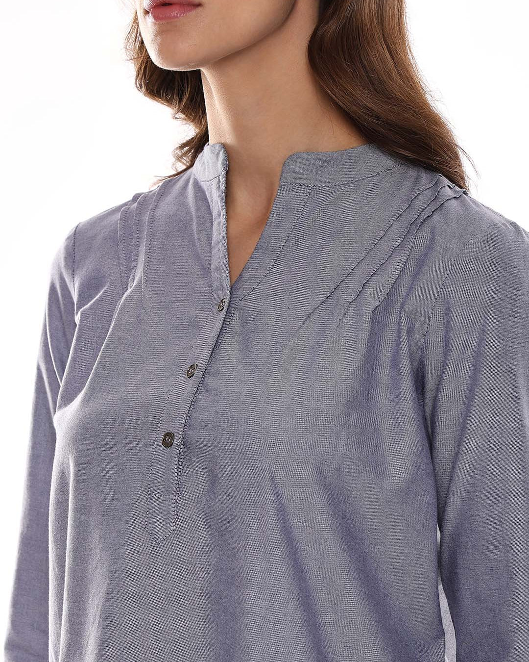 Azzurra Grey Cotton Chambray Tunic Shirt for Women - Istanbul Fit from GAZILLION - Front Detail