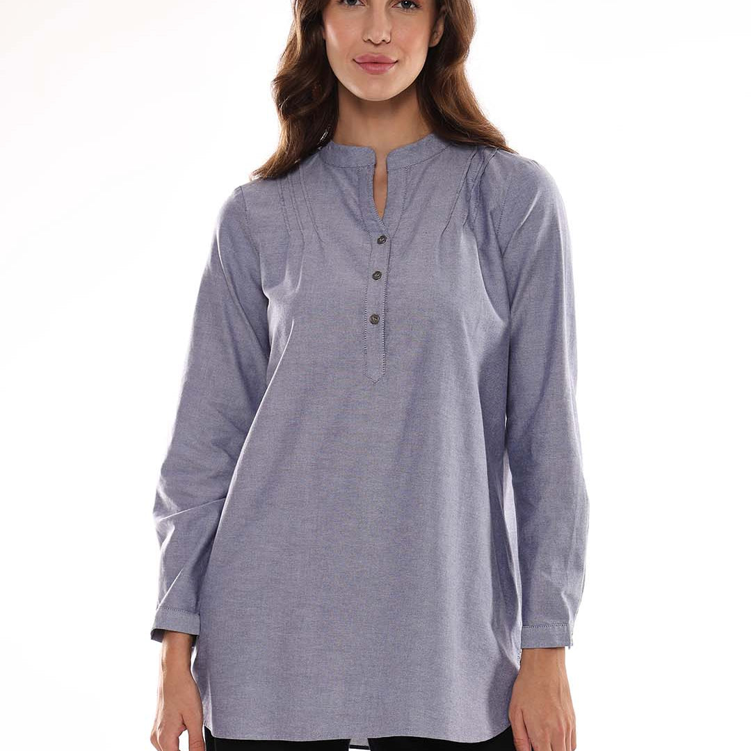 Azzurra Grey Cotton Chambray Tunic Shirt for Women - Istanbul Fit from GAZILLION - Front Look