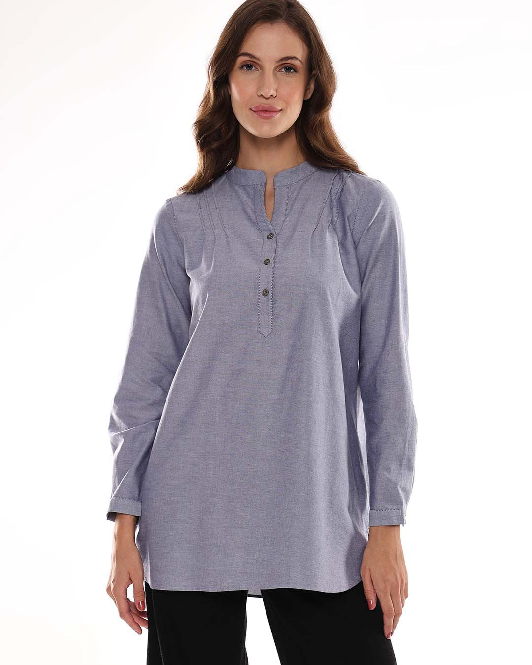 Azzurra Grey Cotton Chambray Tunic Shirt for Women - Istanbul Fit from GAZILLION - Front Look