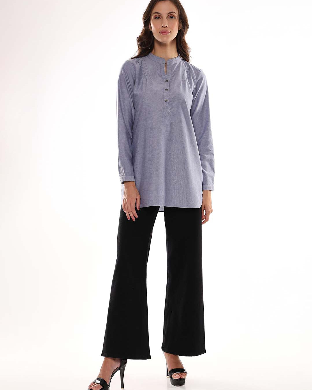 Azzurra Grey Cotton Chambray Tunic Shirt for Women - Istanbul Fit from GAZILLION - Full Standing Stylised Look