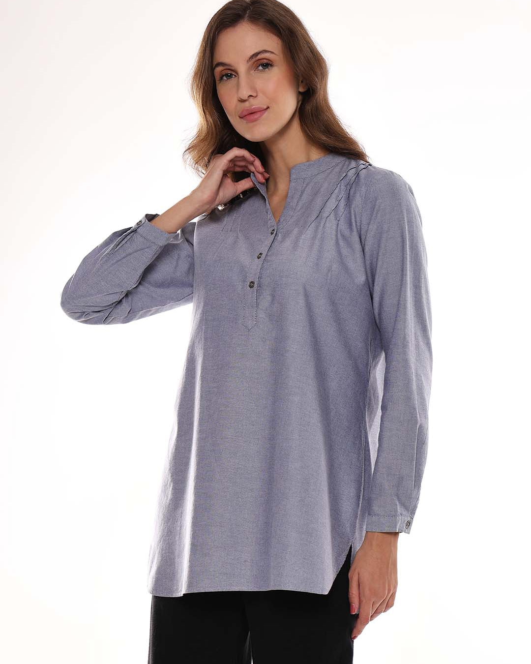 Azzurra Grey Cotton Chambray Tunic Shirt for Women - Istanbul Fit from GAZILLION - Left Side Look
