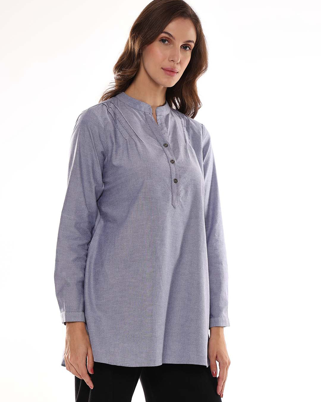 Azzurra Grey Cotton Chambray Tunic Shirt for Women - Istanbul Fit from GAZILLION - Right Side Look