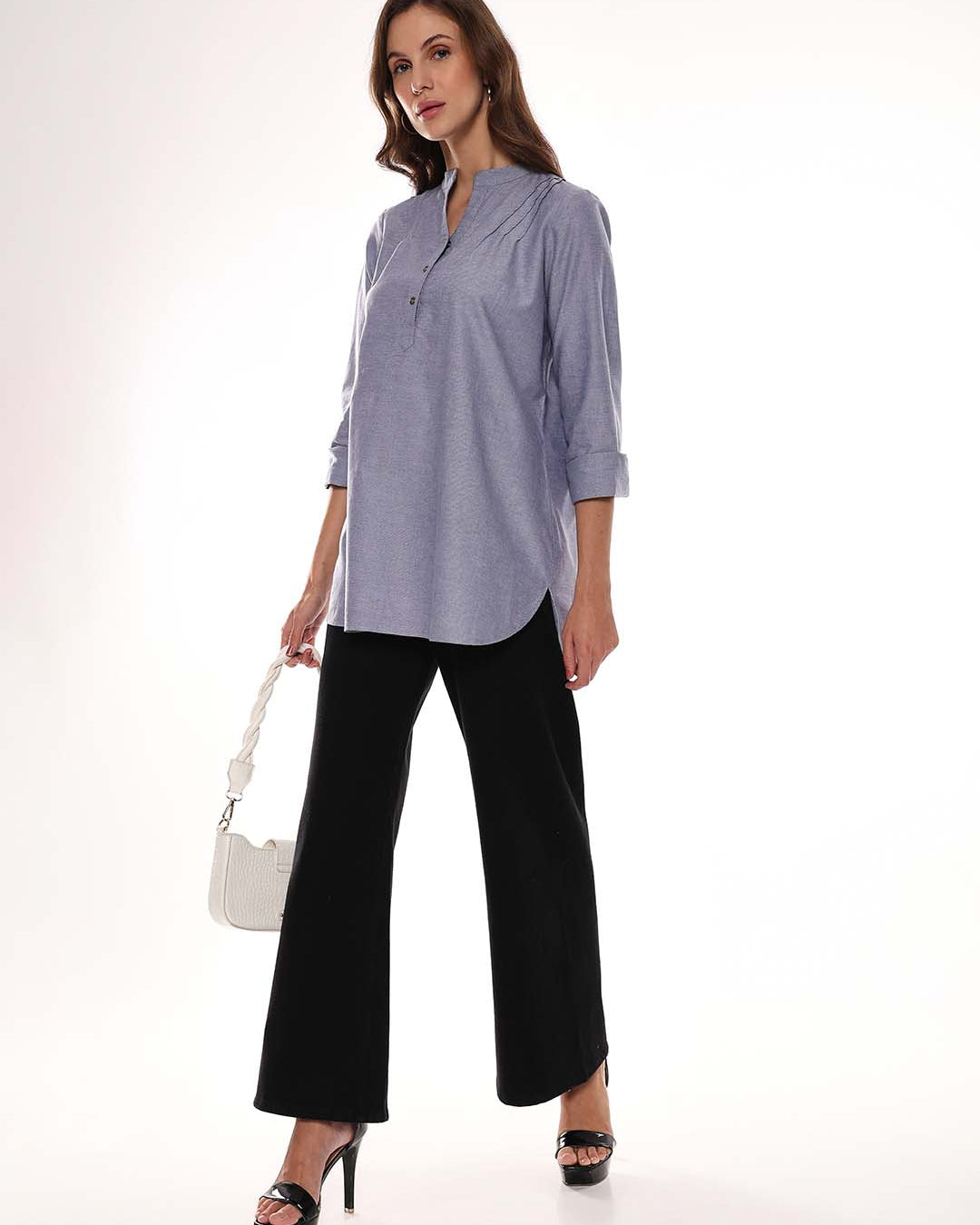 Azzurra Grey Cotton Chambray Tunic Shirt for Women - Istanbul Fit from GAZILLION - Standing Stylised Look With Accessories
