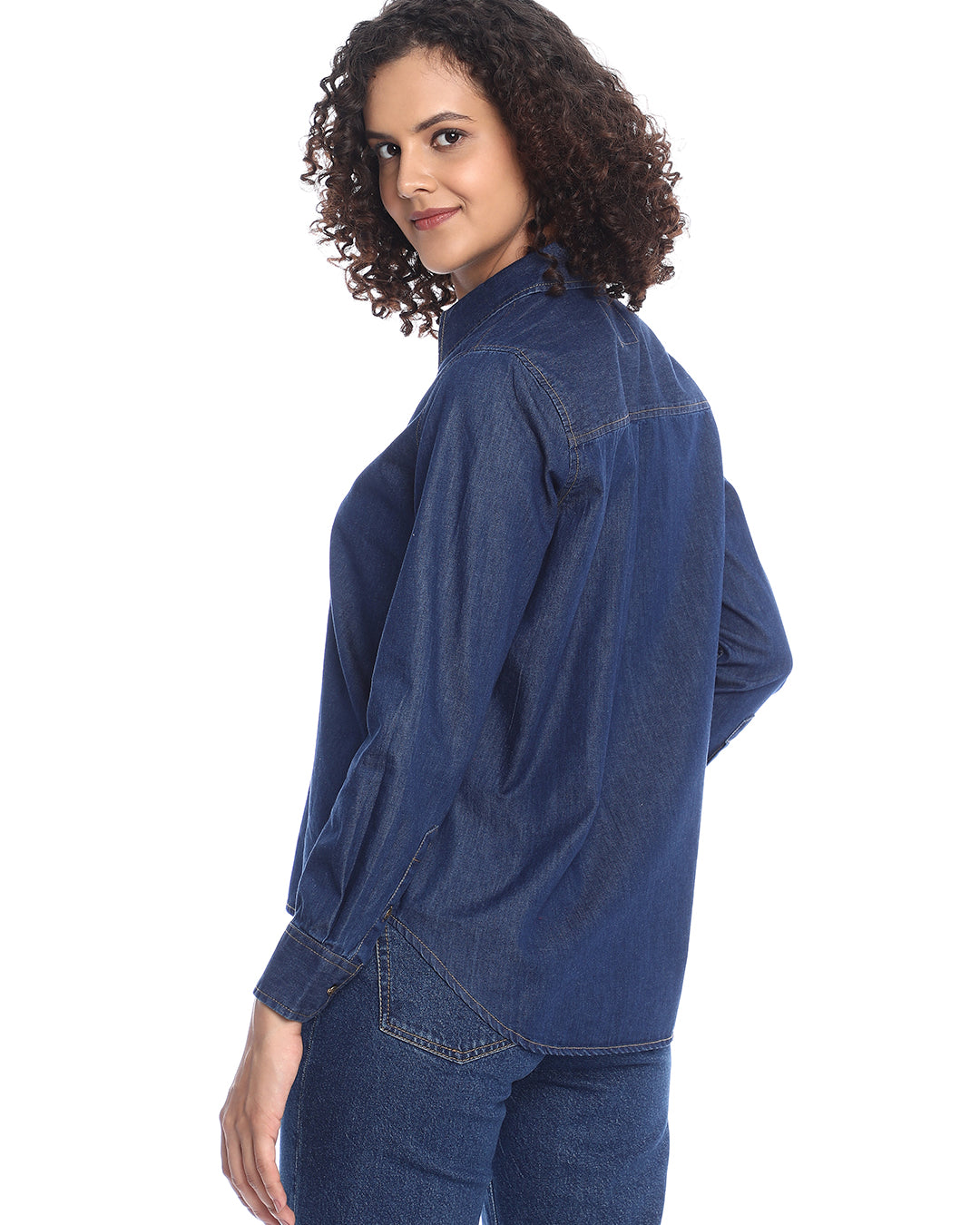 Banita Medium Blue Denim Drop Shoulder Shirt for Women - Paris Fit from GAZILLION - Back Look