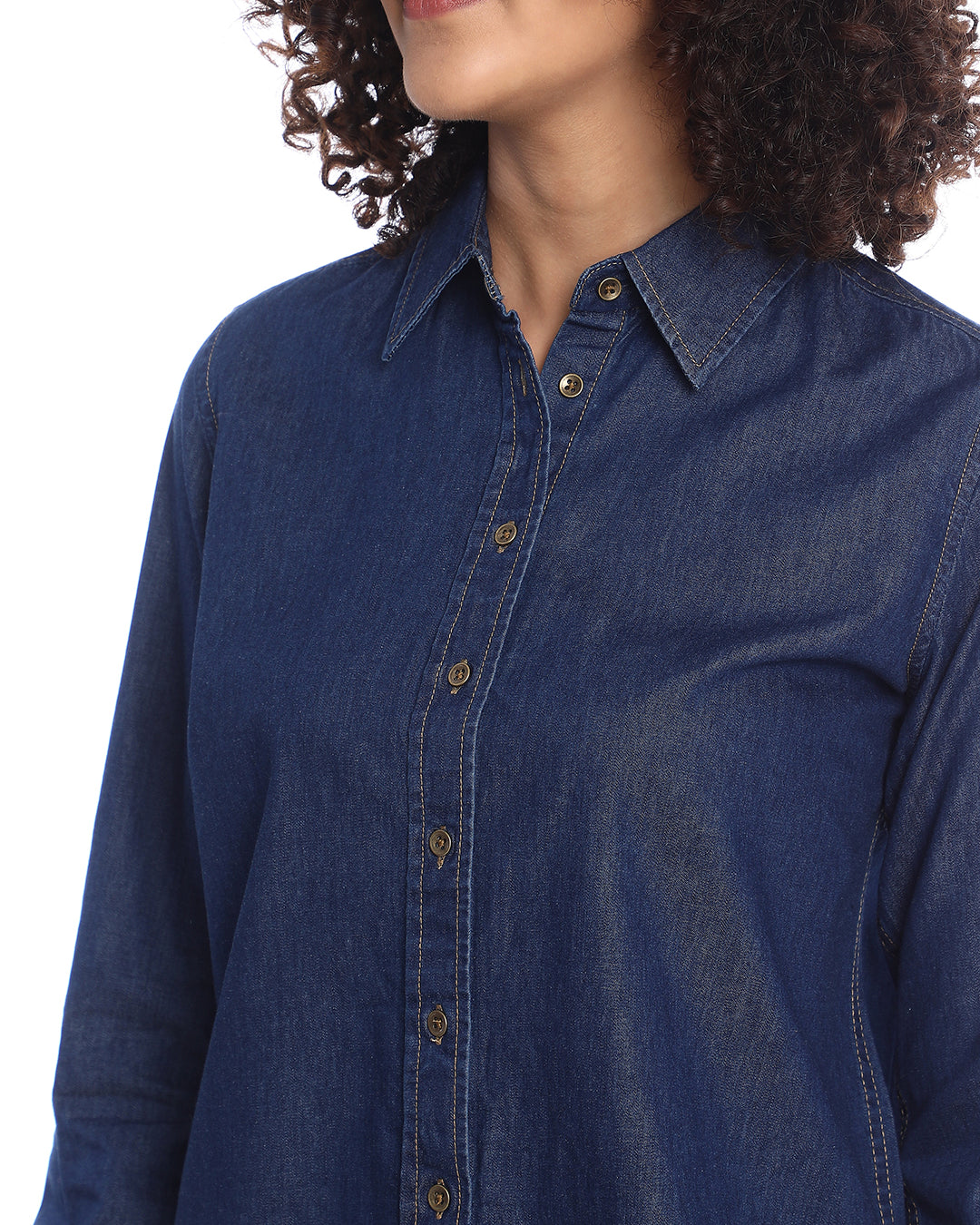 Banita Medium Blue Denim Drop Shoulder Shirt for Women - Paris Fit from GAZILLION - Front Detail